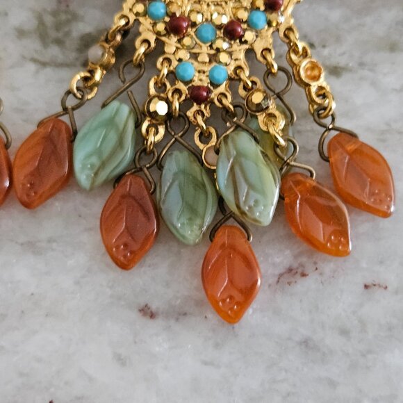 RARE JOSE MARIA BARRERA FALL LEAF STONE CRYSTAL DROP DANGLE CHANDELIER EARRINGS - Picture 6 of 11